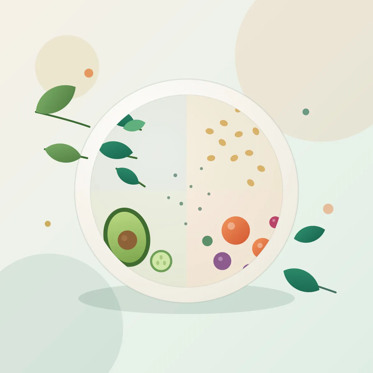 A colourful gut-friendly nourish bowl of leafy greens, grains, avocado, cucumber and berries, surrounded by fresh botanicals